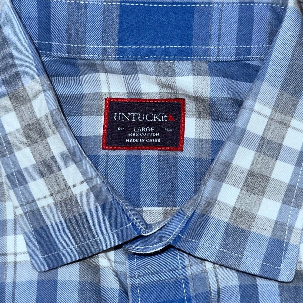 UNTUCKit Men's Plaid Button-Down Shirt Blue Gray Check‎ 100% Cotton Long Sleeve - Picture 2 of 10